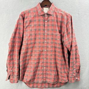 Billy Reid Shirt Mens Medium Red Gray Plaid Button Up Standard Cut 100% Cotton